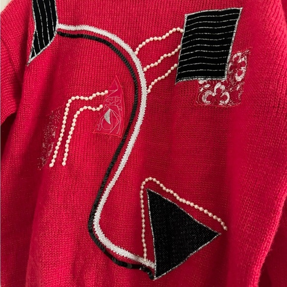 GLITZ by UNIT (Vtg)Red Knit Abstract Sequin 80s Geometric Beads Sweater-Size Med - Picture 5 of 6